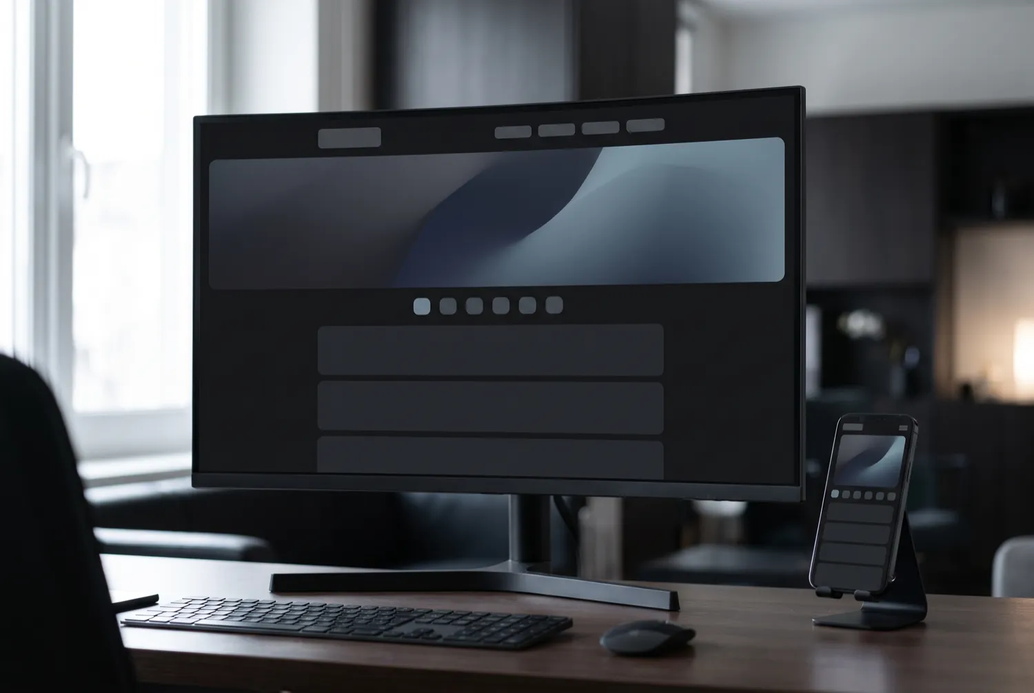 Écran et smartphone affichant une maquette de site web moderne en mode sombre