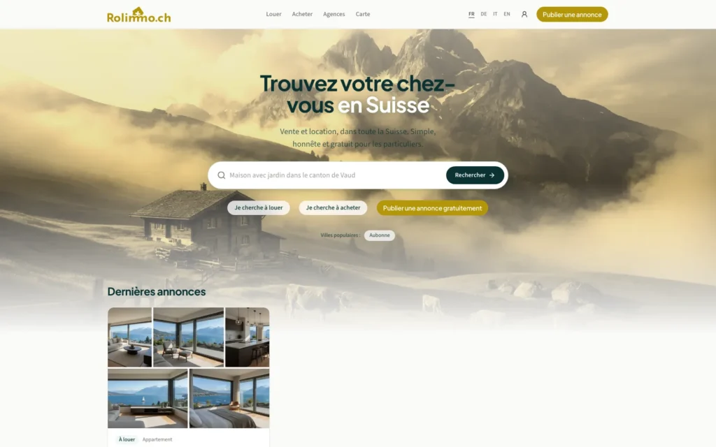 Rolimmo.ch — page d'accueil de la marketplace immobilière suisse
